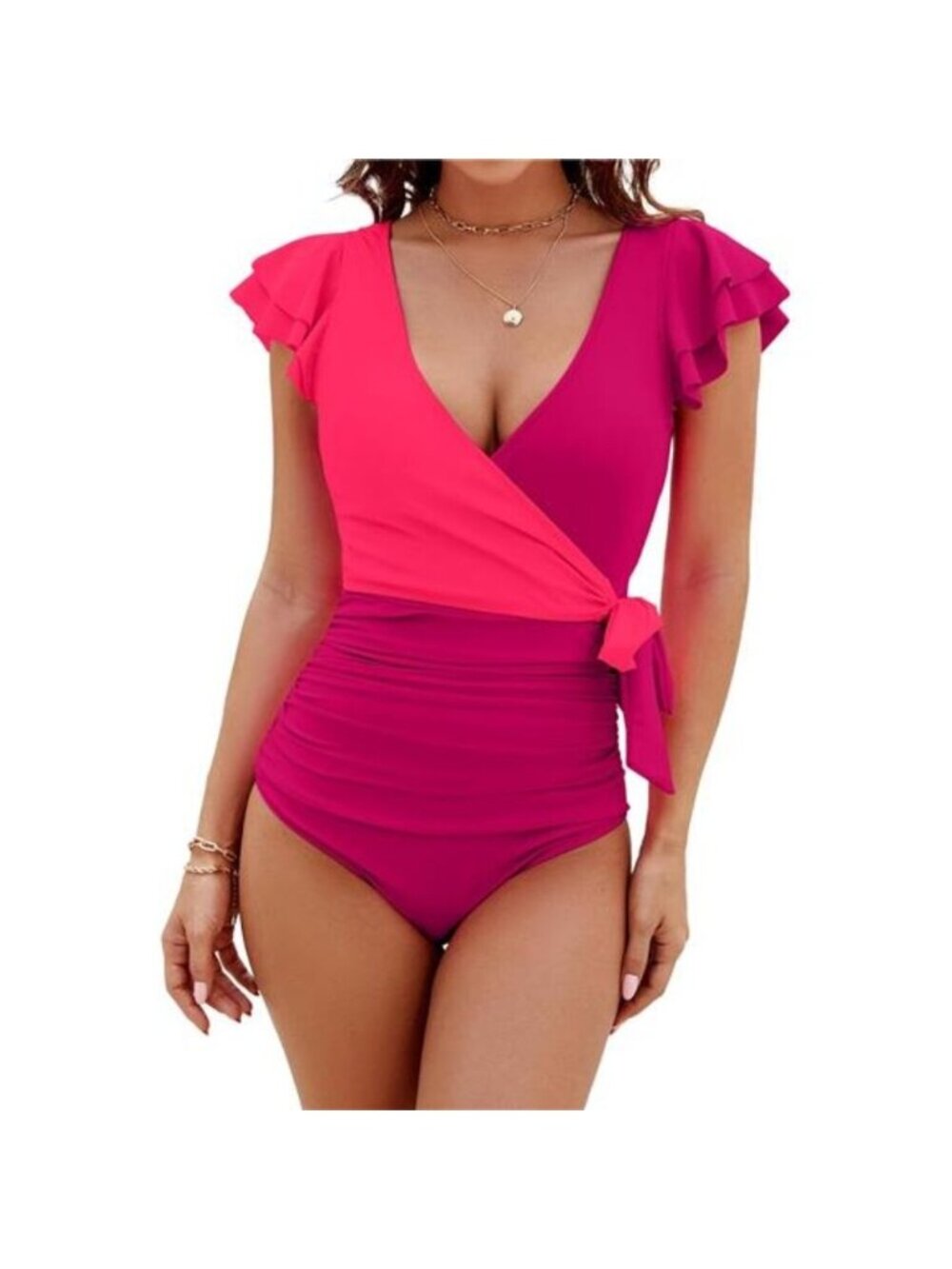 Women's Tummy Control Swimsuit One Piece Bathing Suit Ruffle Wrap V Neck